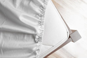 Shrunken white bamboo sheets on mattress