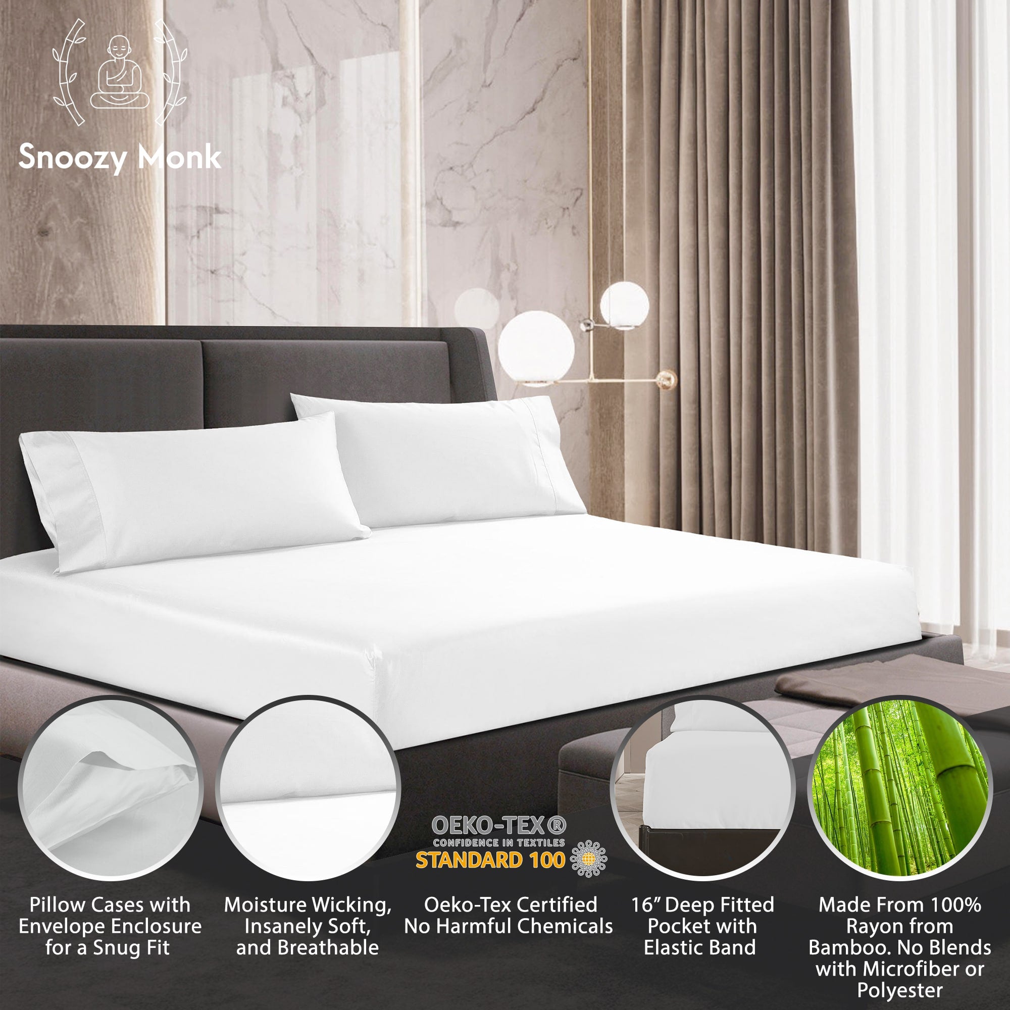 An infograph displaying the benefits of the Snoozy Monk Bamboo Sheet Set in white. 