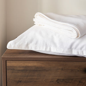 White Bamboo Flax Duvet Cover Set on a Drawer Top