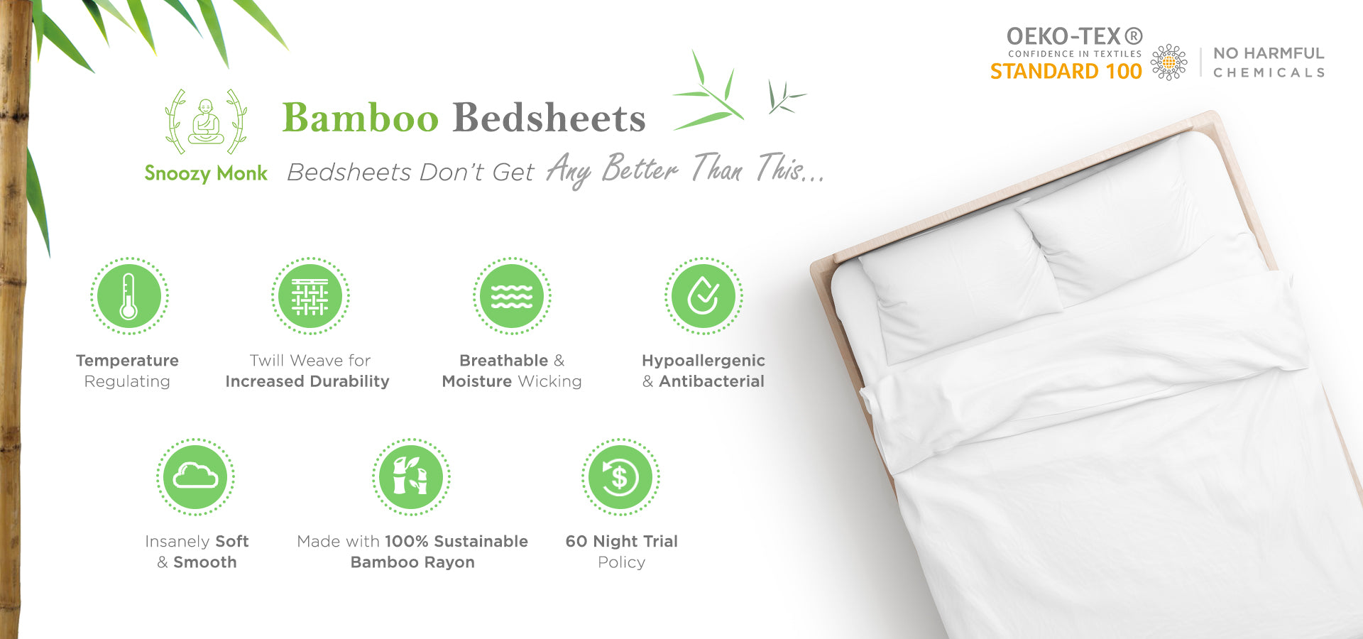 An infographic on Bamboo Bedding. Main points are the temperature regulation, twill weave, cooling, being breathable, and being insanely soft and smooth