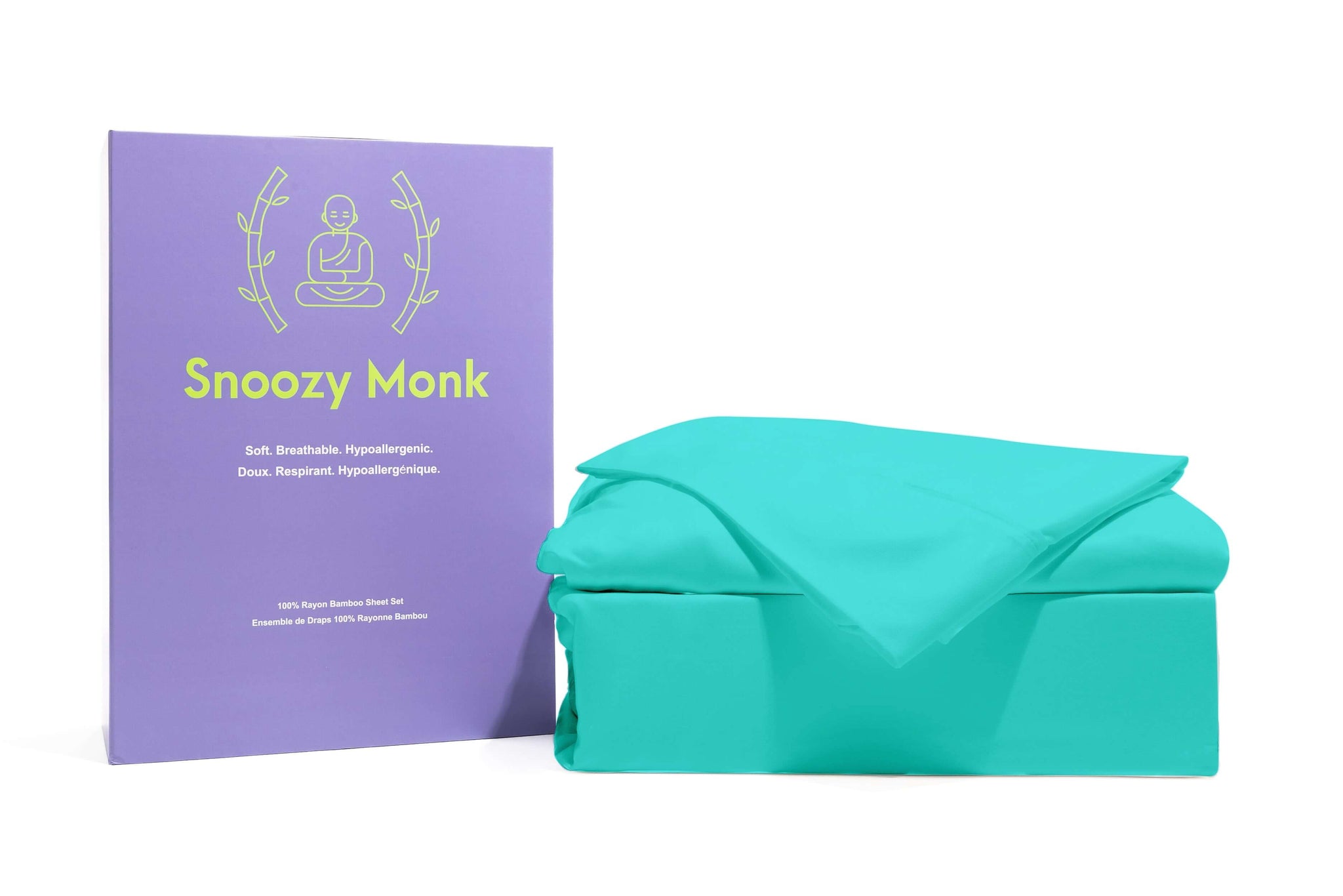 A blue Snoozy Monk Rayon Bamboo Sheet Set with box