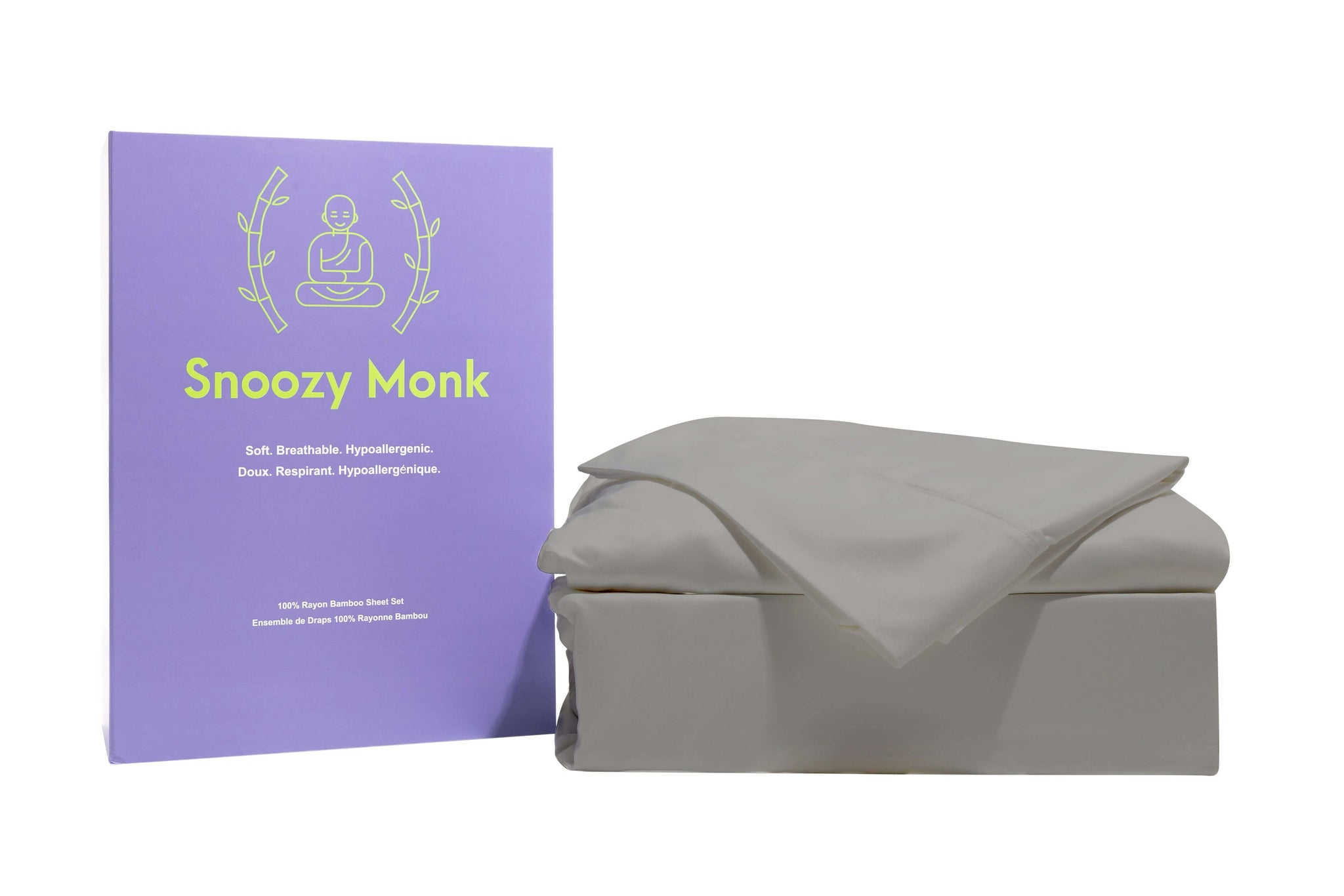 A grey Snoozy Monk Rayon Bamboo Sheet Set with box